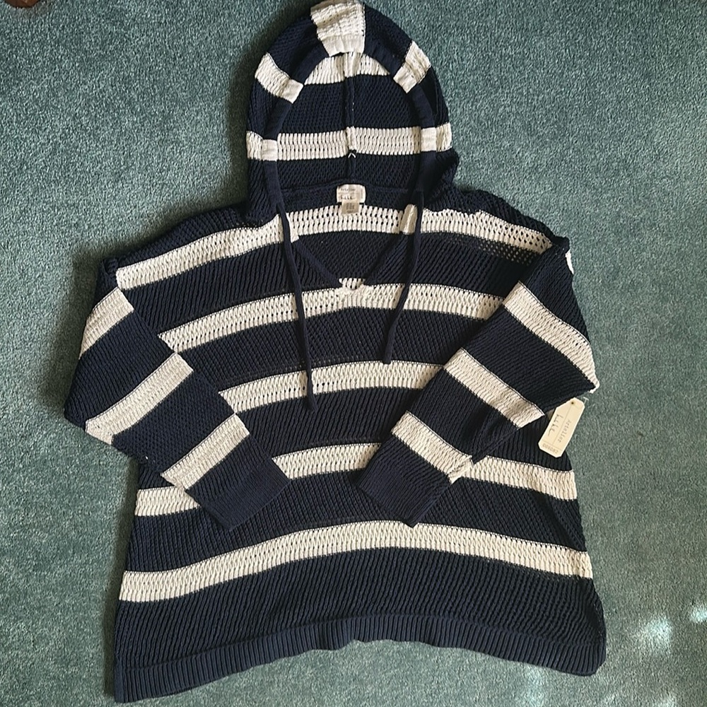 NWT Nicole Miller Artelier Blue and Cream Striped Hoodie Sweater Size 3X